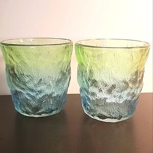 Pair of Glacier Textured Drinking Glasses Whiskey Lowball Old Fashioned Ombre